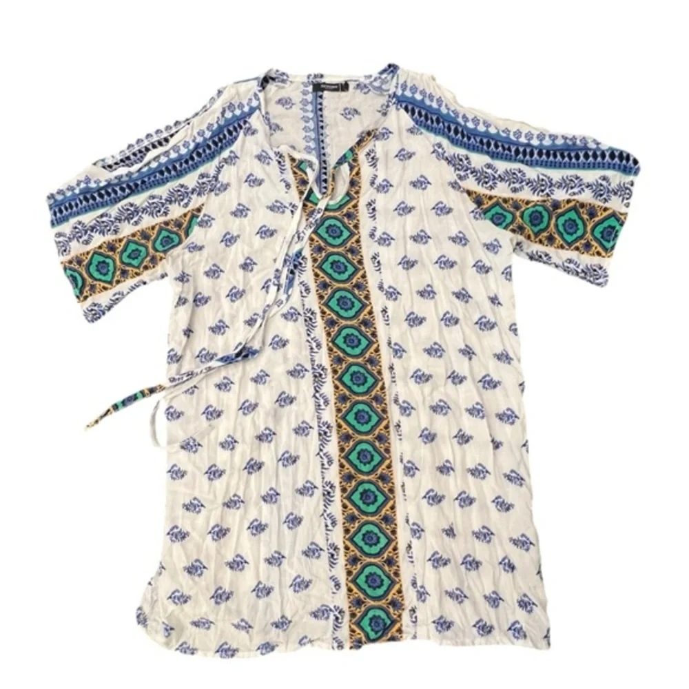 Reborn Blouse Womens Short Sleeve Floral Boho Tunic Pullover Slit Shoulder‎ MED